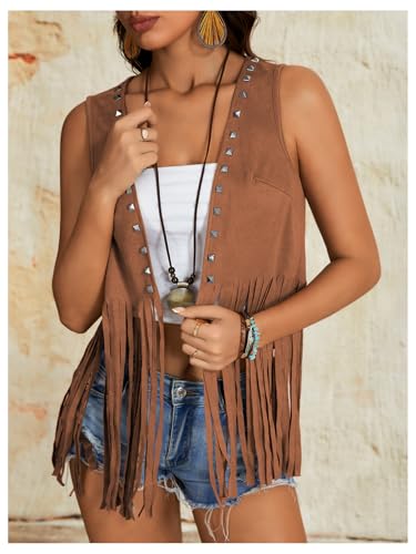 Women's Western Studded Fringe Vest Cowgirl Sleeveless Jacket Outerwear3