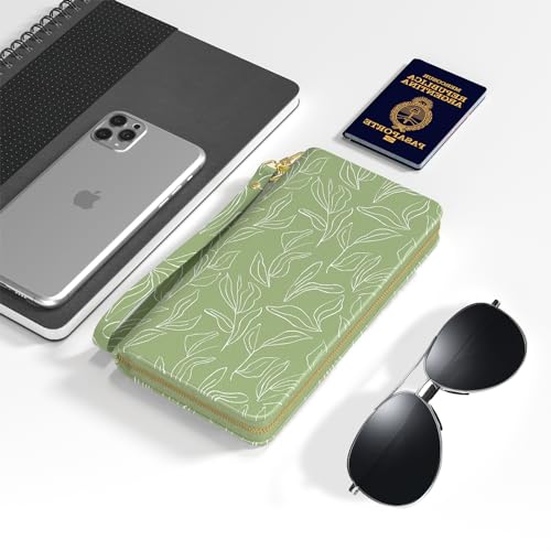 Image of Nipichsha Womens Wallet, RFID Wristlet Wallet for Women, Cute Ladies Purse, Large Card Clutch Purse with Phone Holder, Grass green