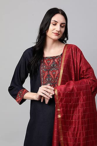 Image of GoSriKi Women's Cotton Straight Kurta with Palazzo & Dupatta (Morning Dark Blue)