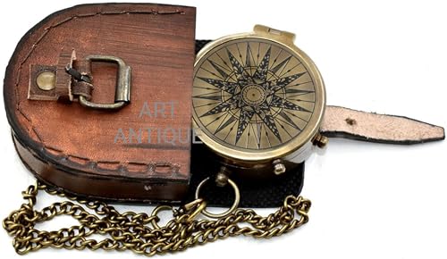 Brújula de Bolsillo Vintage de Latón con Estuche de Cuero, Brújula Náutica Antigua Grabada para Senderismo, Camping y Supervivencia, Brújula Marítima Coleccionable, Regalo Personalizado miniatura 6