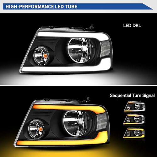 Image of oEdRo Switchback Turn Signal & LED DRL Headlights Compatible with 2004-2008 Ford F150 Pickup / 2006-2008 Lincoln Mark LT Headlamp Replacement Black Housing Clear Reflector Clear Lens