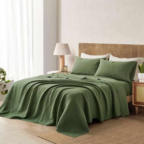 Image of ATLINIA 100% Pure Flax Linen Bedding Set - Stone Washed French Linen Fabric Deep Pocket Fitted Sheet Farmhouse Flat Sheet 2 Pillowcases (Green, California King)