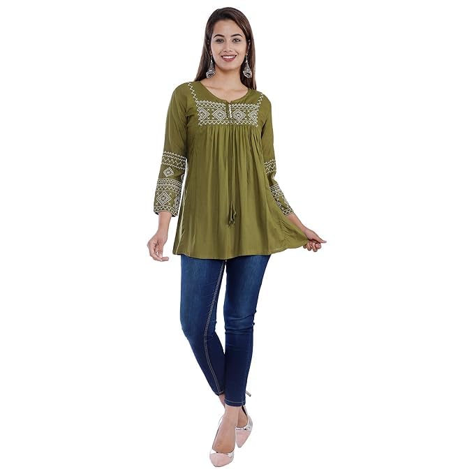 Image of Avayayat Women's Rayon Classic Heavy Embroidery Top with Beautifull Tassels at Front and on Both Sleeves Regular Fit Office Wear Festival Tunic Jeans Summer