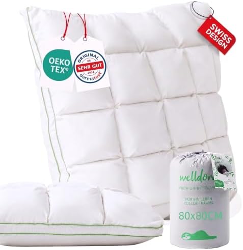 Welldora Premium Kopfkissen 80x80, 100% Daunenfasern & Federn, mittelfest | Puffwolken-Design für höchsten Komfort | Seiten- & Rückenschläfer | Oeko-Tex | Dermatest "Sehr gut" | Sc