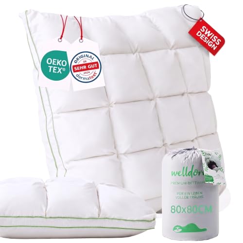 Welldora Premium Kopfkissen 80x80, 100% Daunenfasern & Federn, mittelfest