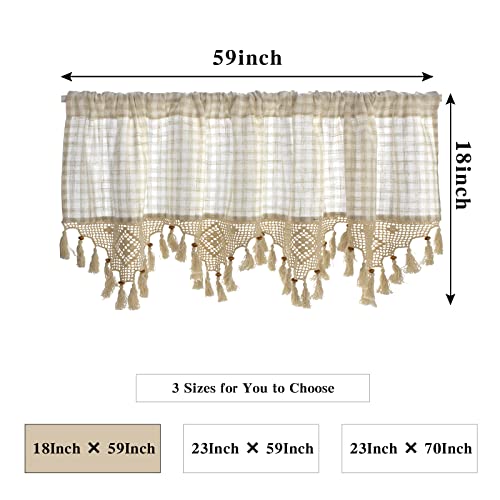 Sfj-Ca SFJ058CT-CW45*150US Boho Plaid Valances For Windows, Kitchen Macrame Curtain 18 Inches Decorated With Wodden Beaded With Tassels, Rod Pocket Bedroom Kitchen Window Treatment Decor thumb #3