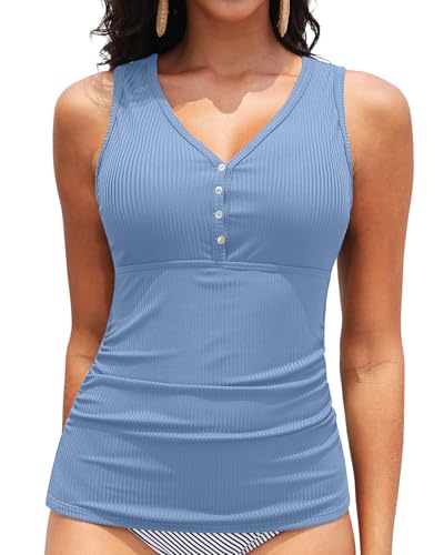 Image of Tankini Tops for Women Tummy Control Swimwear Top Only No Bottom | Scoop Neck, Adjustable Straps, Ruched Stomach, Removable Cups, Available in Plus, No Bottom, Full Lining