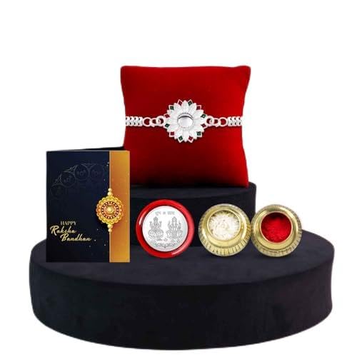 Image of Oblivion Rakhi for Bhai & Bhabhi with Fridge Magnet - Sylish Gold Plated Design Rakhi for Bro & Lumba for Bhabhi, 2 Pc Fridge Magnet, Silver Color Coin, Greeting Card & Tilak Set - Raksha Bandhan Combo