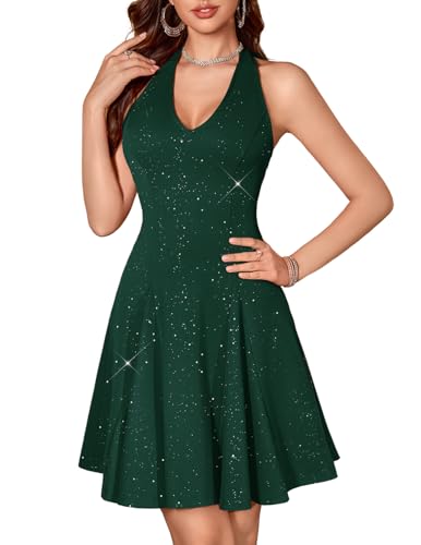 Image of HomRain Glitter Sparkle V Neck Cocktail Dress for Women 2026 A Line Backless Halter Sequin Homecoming Evening Party Dresses