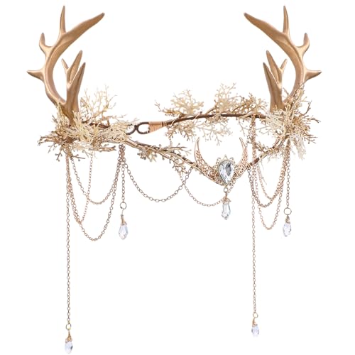 MOSTORY Gold Fairy Antler Crown - Woodland Deer Antlers Crown with Tassel for Women Renaissance Fairy Accessories Reindeer Flower Elf Circlet for Renfaire Fantasy Cosplay Fairycore