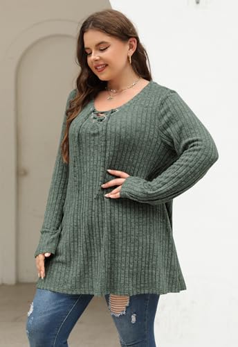 Image of Nemidor Women Plus Size Casual Tunic Top Drawstring V Neck Long Sleeve | 1X-5X plus, ribbed knit, long sweater, solid, semi-fitted flattering cut for curvy women, Fall, Winter, work, daily, dinner