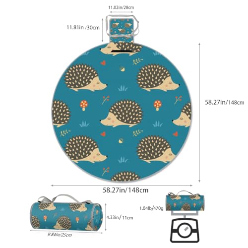 Shimoshe Mushroom Nut Hedgehog Picnic Outdoor Blanket Foldable Waterproof Sandproof Beach Blanket Portable Water-Resistant Round Picnic Mat for Travel Camping Park Lawn