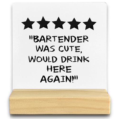 QASHWEY Funny Bar Sign Desk Decor, Home Bar Wood Table Signs, Bar Signs for Home Bar, Bartender Was Cute Would Drink Here Again Wooden Plaque with Wooden Stand for Home Kitchen Bar