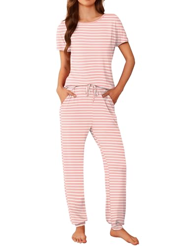 Image of Ekouaer Womens Pyjamas Set Short Sleeve Cute Printed Long Pants 2 Piece PJ Sets Loungewear Sleepwear with Pockets, Pink Stripes, XXL