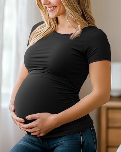 Huukeay 4 Pack Women's Maternity Shirts, Crew Neck Maternity Top Short Sleeve Casual Cotton Tee Side Ruched Pregnancy Clothes3