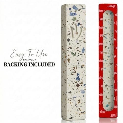 Image of SURI Mezuzah for Door - 6 Inch Terrazzo Turquoise Concrete Mezuzah Case with Non Kosher Scroll, Self-Stick Jewish Entry Design, Fits a 5 Inch Non Kosher Scroll, Gift Box Included
