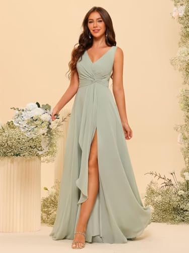 RSOETOO Chiffon Bridesmaid Dresses with Pockets A-line Ruffles Long Chiffon Formal Party Dress with Slit RO0564