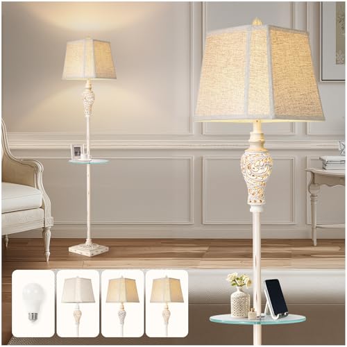 Vintage Floor Lamp with Nightlight and Glass Tray, Farmhouse Standing Lamp with White Washed Finish and Linen Shade, 65