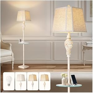 Vintage Floor Lamp with Nightlight and Glass Tray, Farmhouse Standing Lamp with White Washed Finish and Linen Shade, 65″ Rustic Tall Lamp Decor for Living Room, Bedroom, Office, House (Bulb Included)