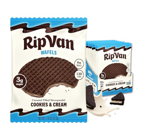 Rip Van Wafels Cookies & Cream Stroopwafels - Healthy Snacks - Non GMO Snack - Keto Friendly - Office Snacks - Low Sugar (3g) - Low Calorie Snack - 12 Count