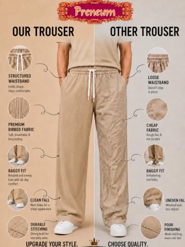 Image of Preneum Men Mid Rise Poly Cotton Loose Fit Trouser || Korean Style Travel & Lounge Wear with Pockets (Available in Plus Size)