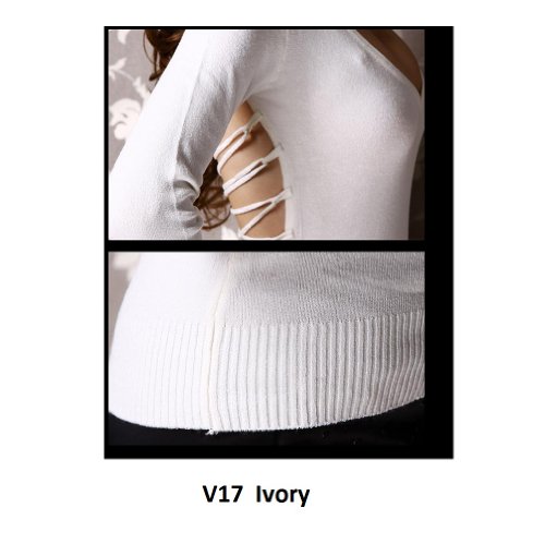 V17 Sexy Party Clubwear Deep-V Swearters Tops Long Sleeve Shirt Blouse Ivory M #TOP2