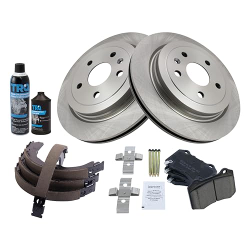 Image of TRQ Rear Brake Pad & Rotor Kit, with Chemical Kit Parking Brake Shoe Set Ceramic Compatible with 2009-2014 Cadillac CTS