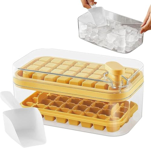 Image of Homecloud 2-Layer Ice Cube Tray with Lid & Bin - BPA-Free Square Ice Cube Molds with Scoop, Easy One-Tap Release, Space-Saving Ice Storage Container, Makes 64 Cubes (Yellow)