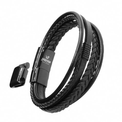 LEODYNE Geflochtenes Lederarmband in schwarz oder braun - Armband Herren mit Magnetverschluss aus Edelstahl Lederarmband Männer inkl. extra Glied (XL - 23,5, Schwarz)