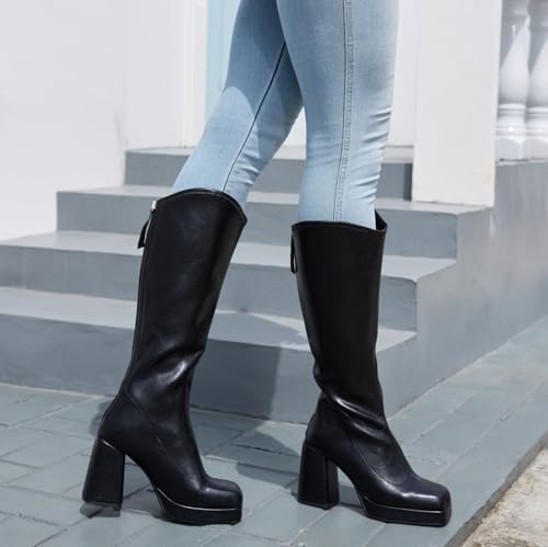 XIEDA Knee High Boots Women Platform Chunky High Heel Gogo Boots Sqaure Toe Tall Boots3