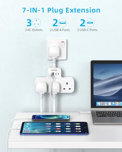Multi Plug Extension Socket with USB C, ANVODE 3 Way Plug Adaptor with Flexible Socket, Adapter Plug UK Turn 1 to 7, Short Extension Lead Power Strip for Bedroom, Office, Kitchen. White