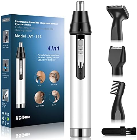 Ginity Ear and Nose Hair Trimmer for Men,Professional USB Rechargeable Nostril Nasal Hair Vacuum Cleaning System,4 in 1 Lightweight Waterproof Hair and Beard Clippers for Women (White)