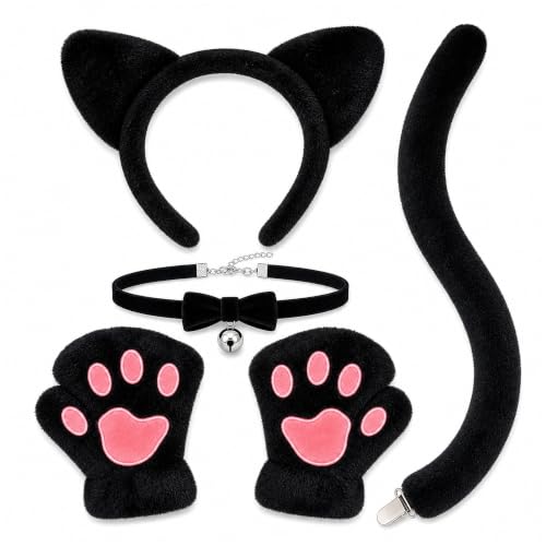 CaeyBrye Black Cat Costume Accessories Set, 5-Piece Cat Ears Headband Tail Paw Gloves and Bell Collar, Halloween Cosplay Costume Kit for Women Adults - image 1