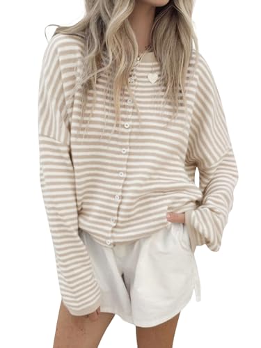 chouyatou Women 2025 Fall Striped Cardigan Sweaters Lightweight Cute Crewneck Button Down Cardigan Jacket