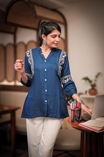 Image of Women's Viscose Rayon Embroidered A-Line Short Kurti Above Knee Regular Fit Tunic Top Office Wear Casual short kurti for women | office wear top | A-line kurti | raksha bandhan gift dress for women