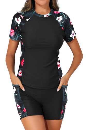 Image of Daci Short Sleeve Rash Guard 2 Piece Swimsuits with Bord Shorts | Sun Protection,Two Pockets,Clolor Block,High Waisted Short,High Neck,Quick Dry