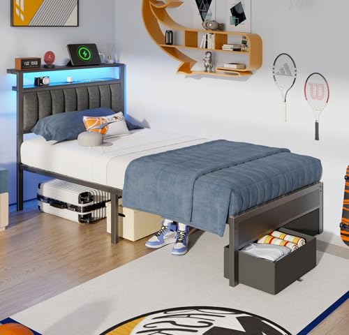 Image of Furnulem Twin Bed Frames with Storage Drawers and Upholstered Headboard | Grey Metal Platform Bed with Charging Station, LED Lights, 2 Tier Shelves, Fabric Drawers. No Box Spring Needed, Noise Free