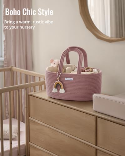 Image of Blissful Diary Baby Diaper Caddy Organizer, Cotton Rope Diaper Caddy Basket, Oval Storage Basket, Gift for Baby Shower, Newborn Essentials, Pink