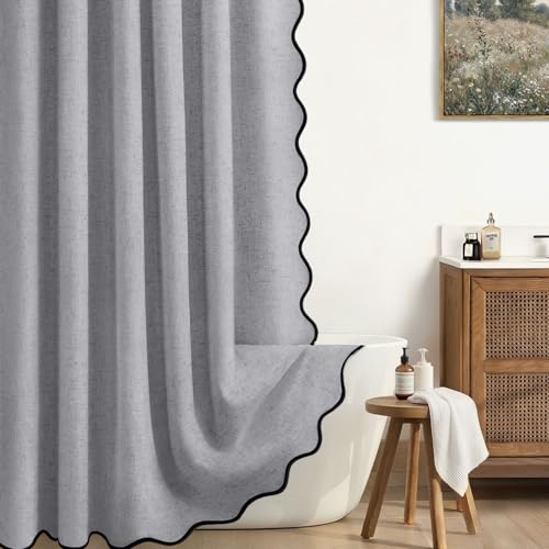 XOGUIBO Scalloped Shower Curtain Linen Boho Flax Grey 72" W x 72" L