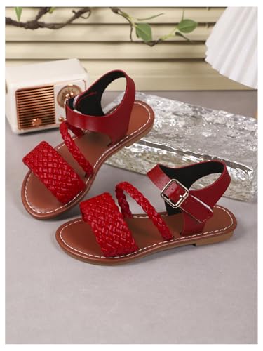 Image of GORGLITTER Girl's Leather Ankle Strap Flat Sandals Dressy Braided Round Open Toe Summer Vacation Beach Cute Sandals 2025
