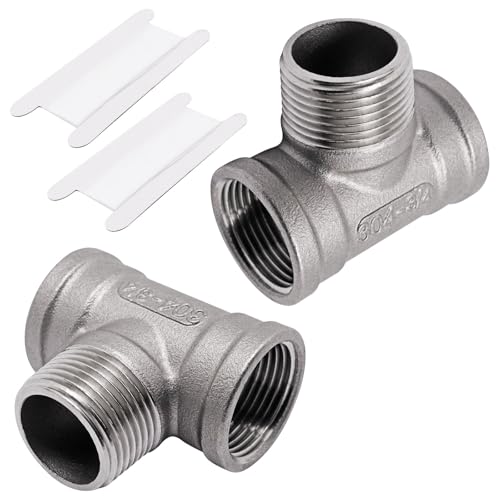 SWZHAI 2PCS Tee Pipe Fittings 3/4" NPT Female x 3/4" NPT Male x 3/4" NPT Female Thread 304 Stainless Steel T-Shaped 3 Way Tube Fittings, Male Branch Tee