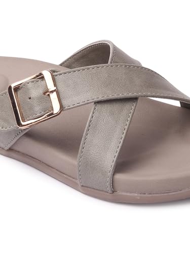 Image of ELLE Women's Flats Slip-On Sandals with Buckle Detail