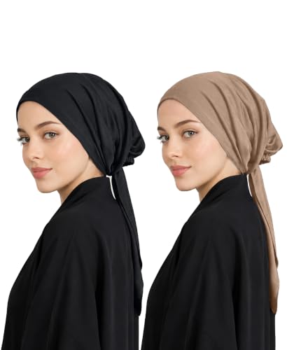 Image of Mehar Women's Hair Ponytail Cap Set of 2 | Soft Stretchable Polyester Hijab Inner Cap | Adjustable Tie-Back | Scarf & Helmet Inner | One Size Fits All
