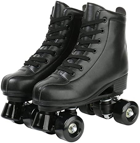 XUDREZ Roller Skates, Double Row Skates Adjustable Leather High-top Roller Skates Perfect Indoor Outdoor Adult Roller Skates with Bag (Black Wheel,Women's 7 / Men's 5.5)