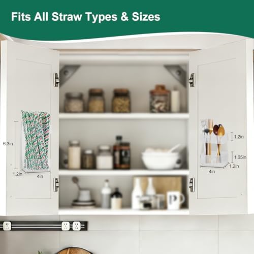 2 PACK Small Acrylic Straw Holder for Cabinet Doors,Straw Organizer Storage with Most Sizes,Multi-Function Kitchen Accessories Container with Adhesive Round Pads(Transparent) - 1