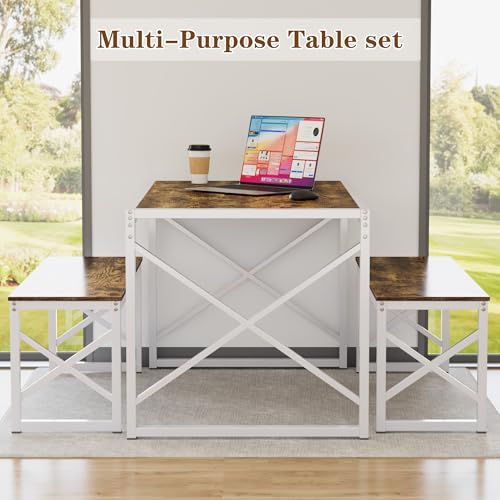 Image of VECELO 55 inch Kitchen Dining Table Set for 4, Heavy-Duty Steel Frame & Wood-Grain Tabletop, Space-Saving Dinette Sets with 2 Benches for Breakfast Nook and Small Space, Drak Brown