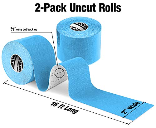 (2 Pack) Kinesiology Tape For Physical Therapy Sports Athletes – Latex Free Elastic, 16Ft Water Resistant Kinetic Uncut Kinesiology Tape For Knee Pain, Elbow & Shoulder Muscle - Sky Blue #TOP3