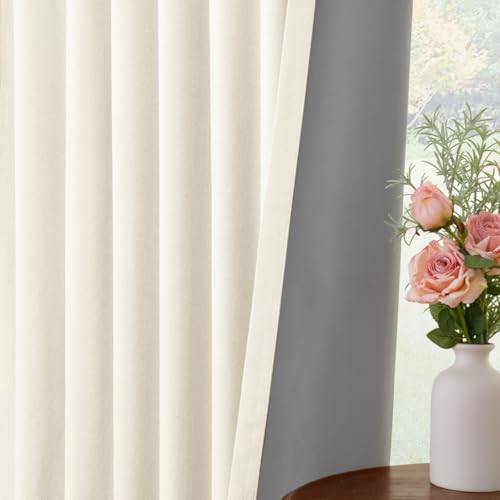 Image of INOVADAY 100% Blackout Curtains for Bedroom, Light Cream Black Out Curtains 96 Inch Long, Clip Rings Linen Blackout Drapes, Thermal Insulated Room Darkening for Living Room, 2 Panels - W50xL96