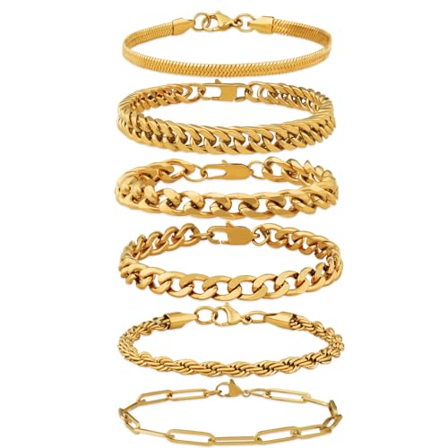 DUQGUHO 6Pcs Stainless Steel Bracelets for Men Cuban Link Rope Paperclip Chain Bracelets Set 7.5/8.3/9 inches Mens Silver Bracelet Jewelry