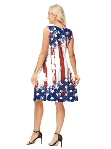 Image of Deerose 4th of July Dress for Women Sleeveless American Flag Patriotic Elastic High Waist Sundress